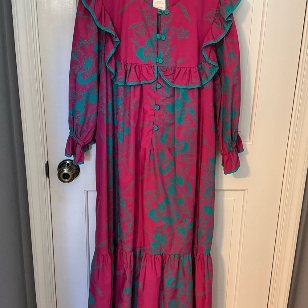 Vintage NANI Hawaii Floral Maxi Dress Pink/Teal Sz L